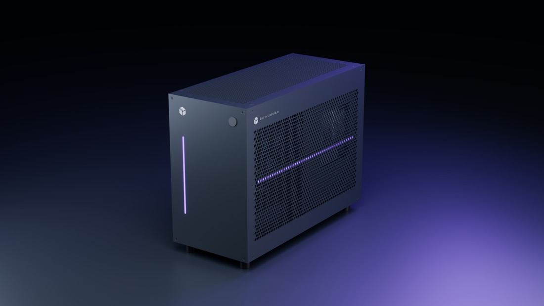Illustrative render of the LP-R13 concept with a black enclosure and purple lighting.